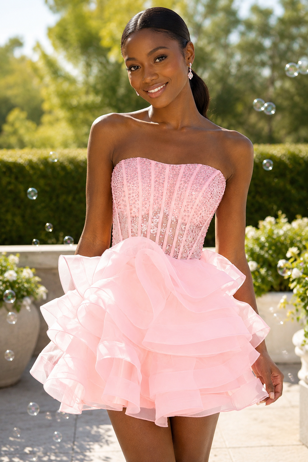 Trägerloses, gerafftes Korsett-Minikleid aus Organza