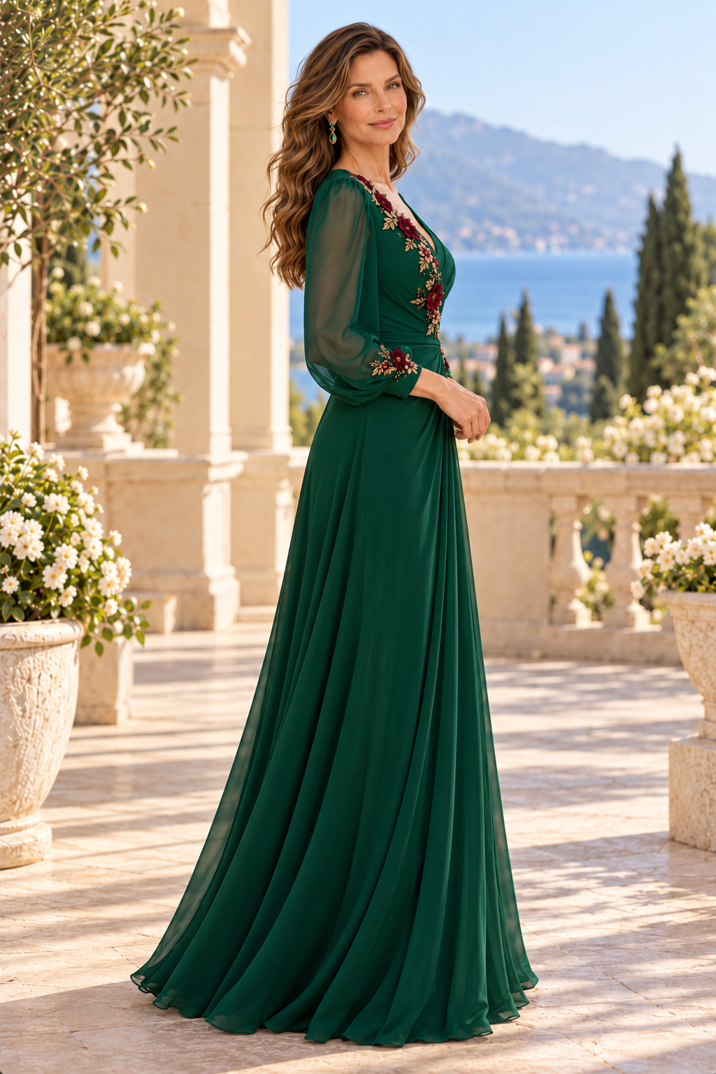Embroidered Floral V-Neck A-Line Gown