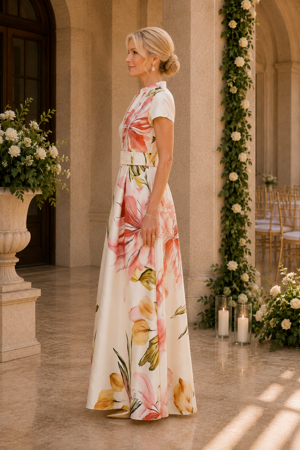 Maxikleid mit Blumenmuster, Gürtel und Ärmeln in A-Linie