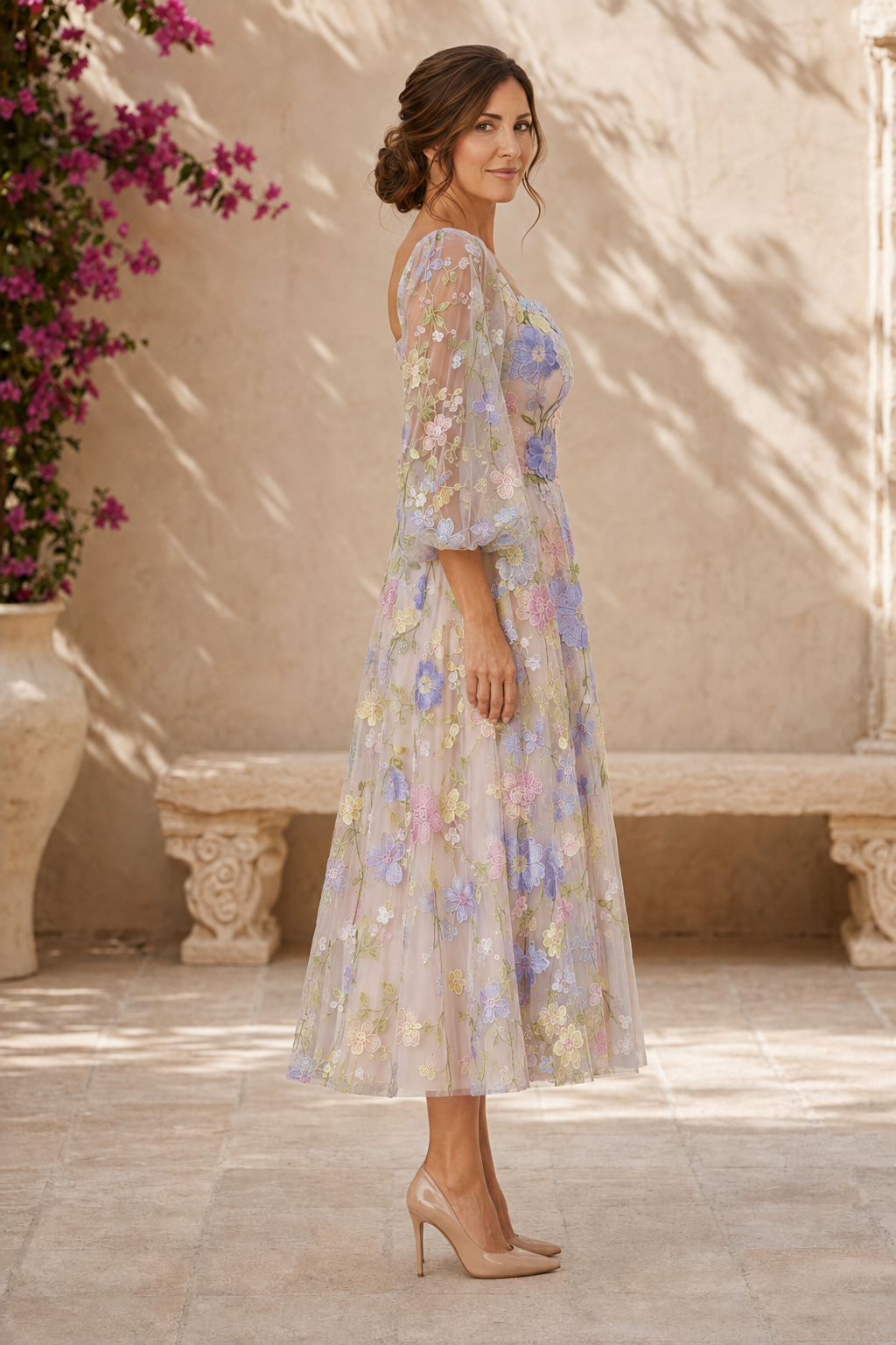 Florales 3D-Applikations-Midi-Kleid mit Puffärmeln