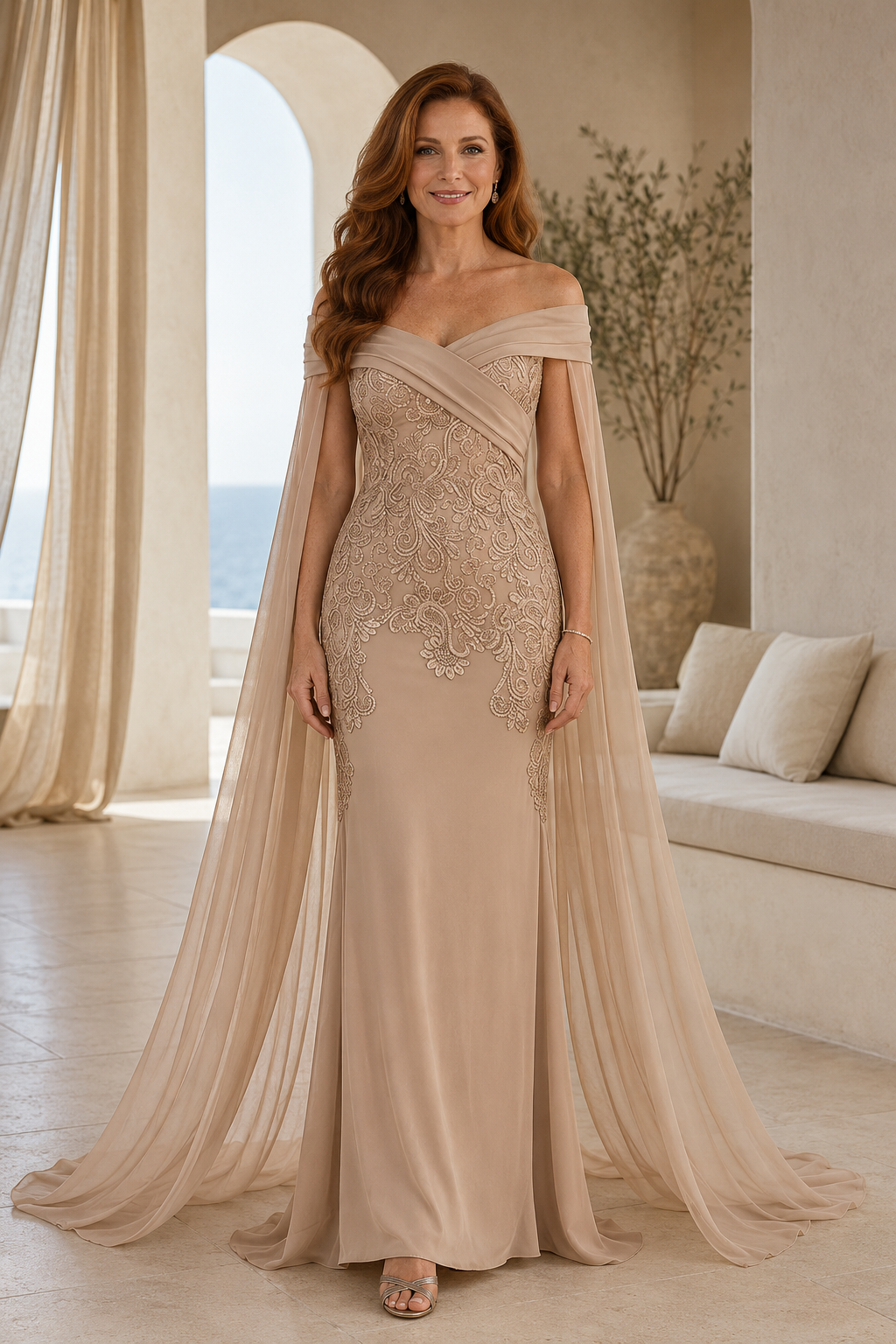 Schulterfreies Spitzen-Etui-Kleid mit fließenden Cape-Ärmeln