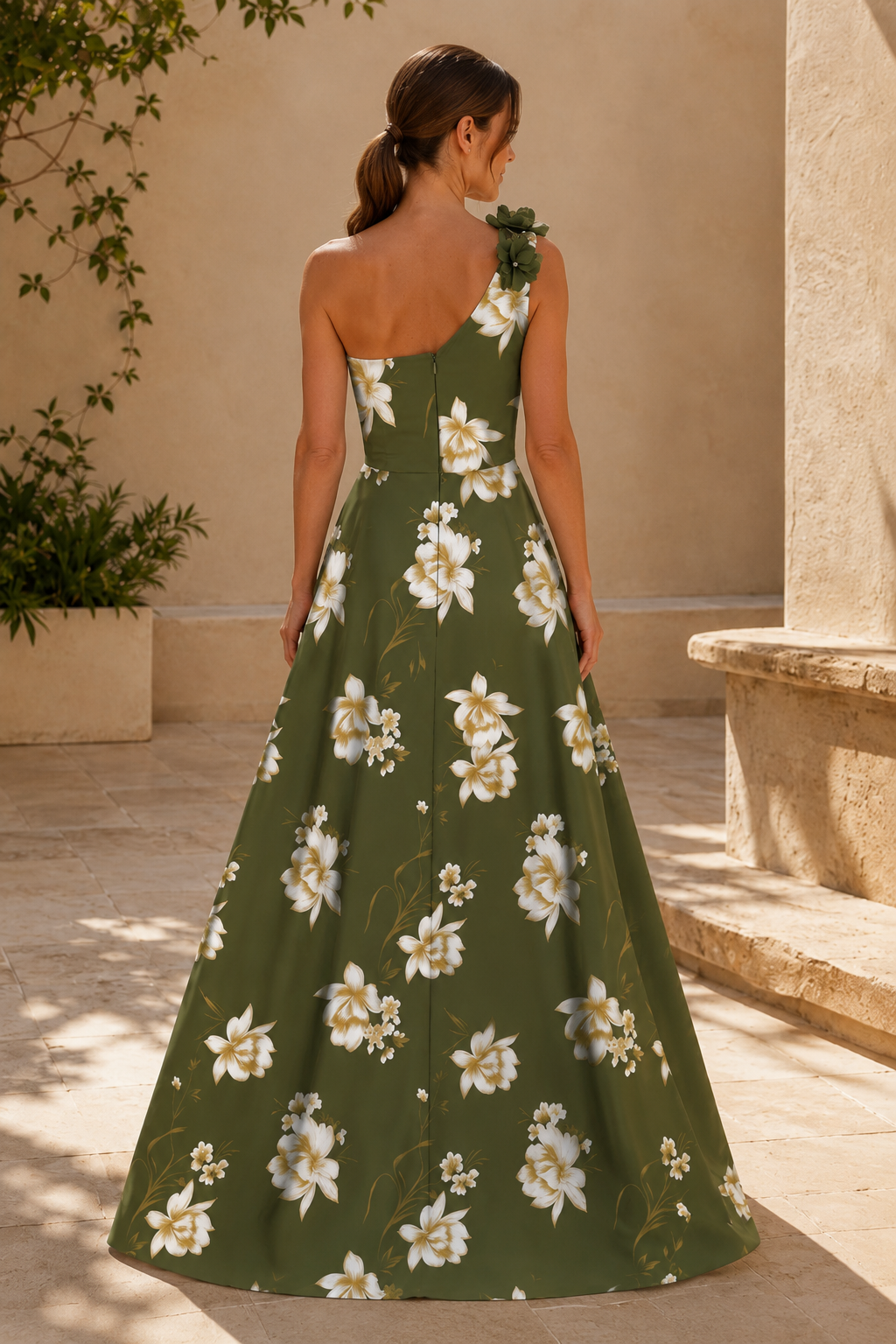 Einachsige, geblümte Satin-A-Linien-Robe