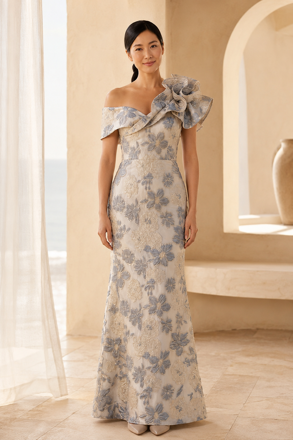 One-Shoulder-Abendkleid aus floralem Jacquard mit Rüschenbesatz
