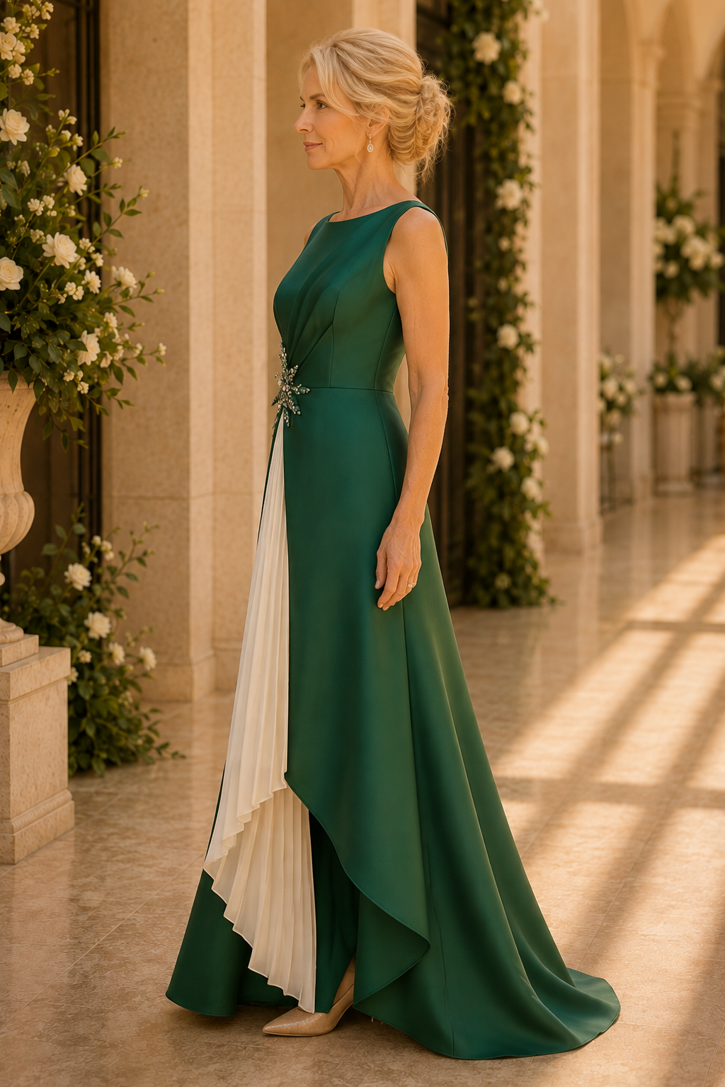 Plissiertes Abendkleid mit tiefem Rückenausschnitt und Broschen-Detail