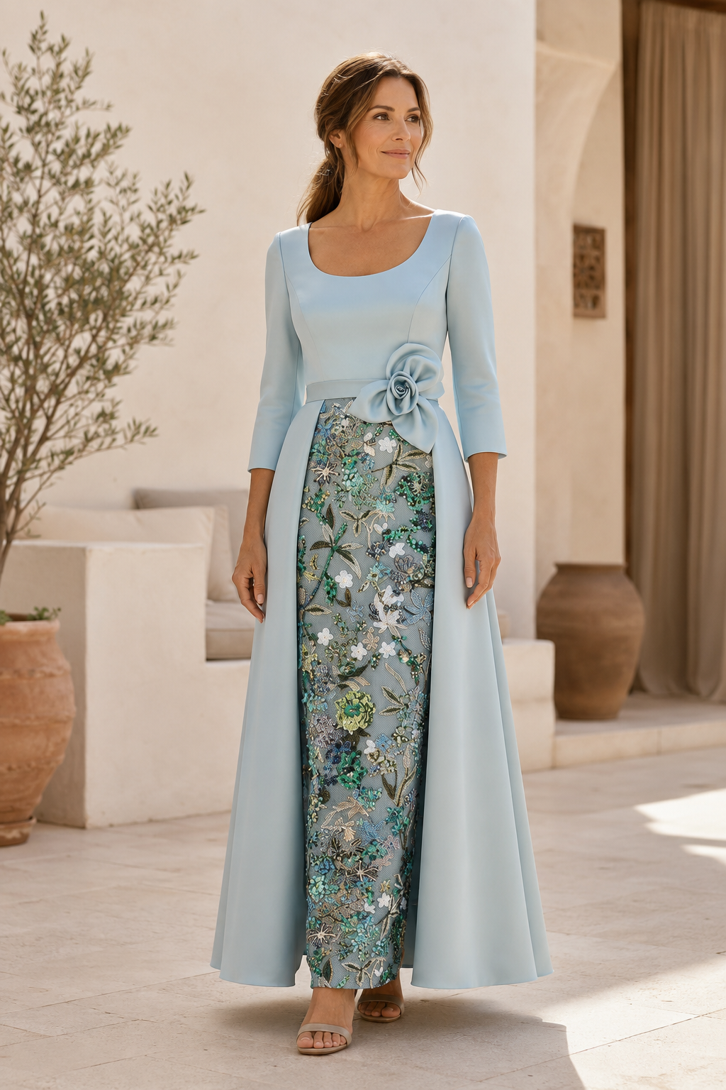 3/4-Arm-Kleid mit Rundhalsausschnitt und floral besticktem Rock
