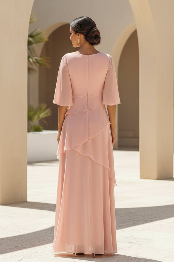 Chiffon Maxi-Abendkleid mit gestuften Rüschenärmeln