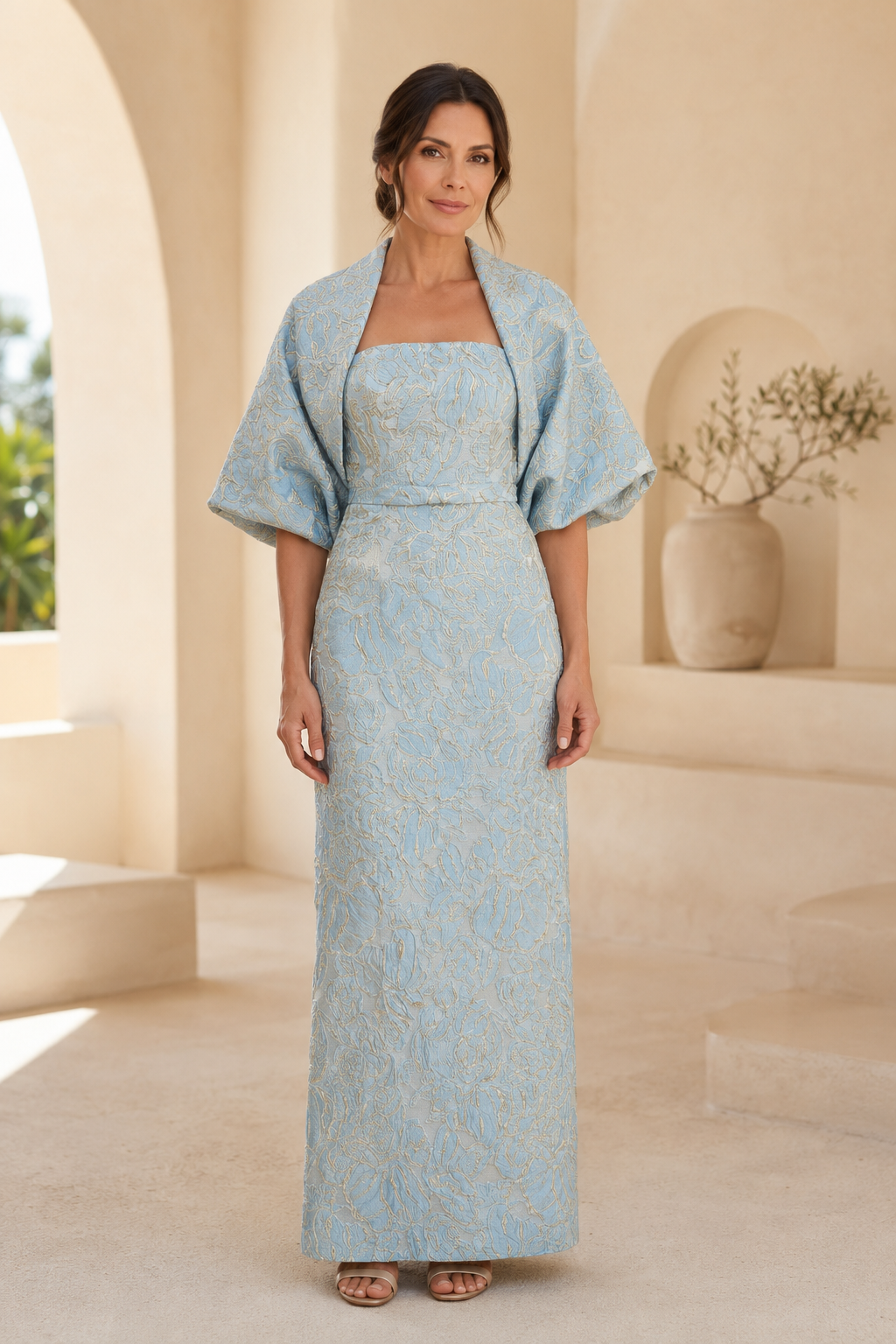 Trägerloses Jacquard-Säulenkleid mit Jacke