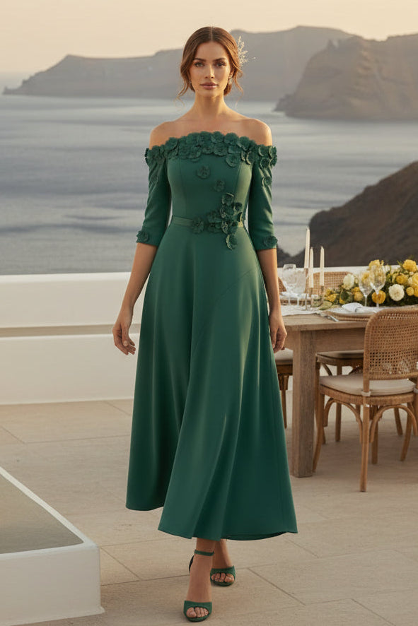 3D-Blumenmuster schulterfreies A-Linien-Kleid in Teelänge