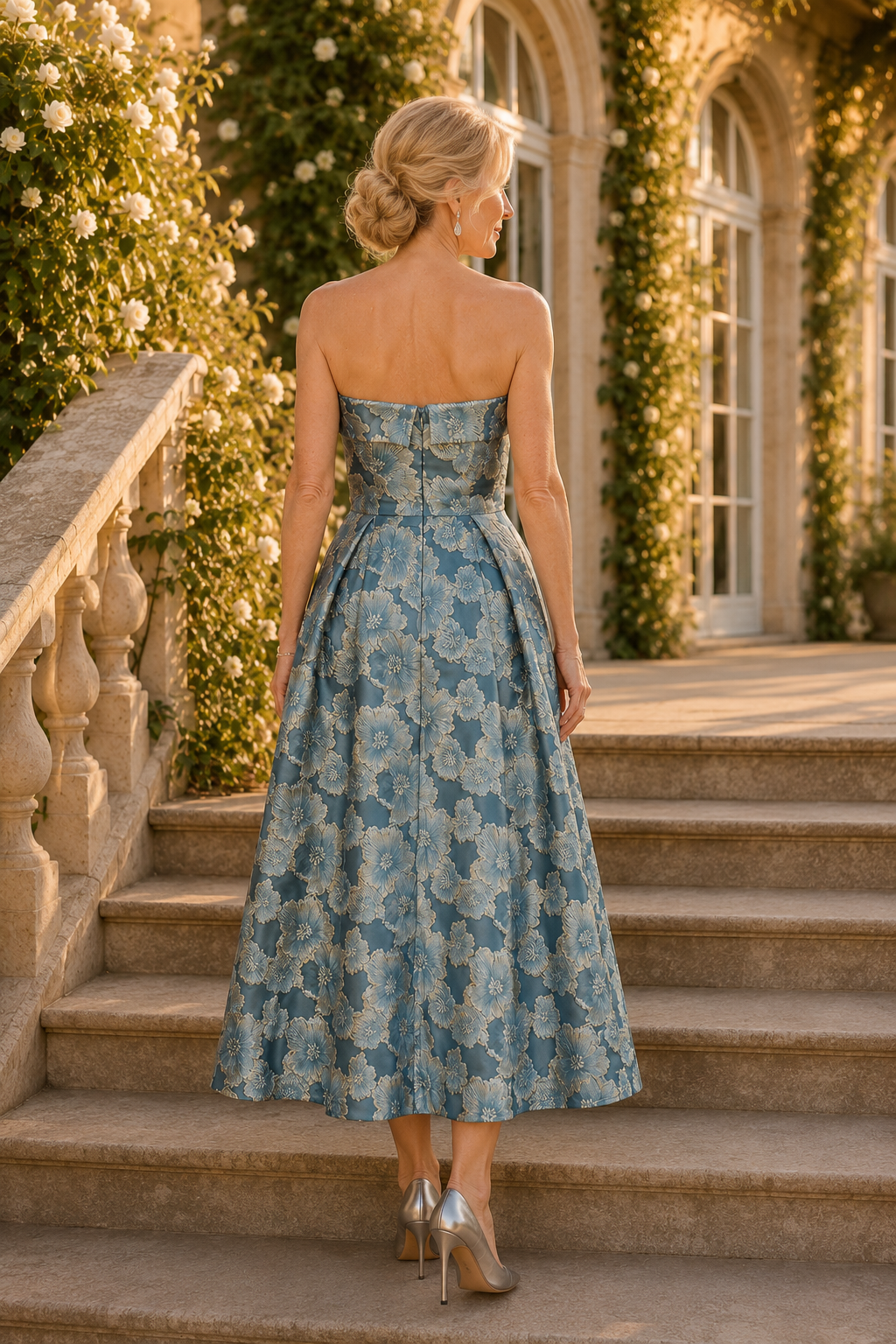Trägerloses A-Linien-Kleid in Teelänge aus geblümtem Jacquard