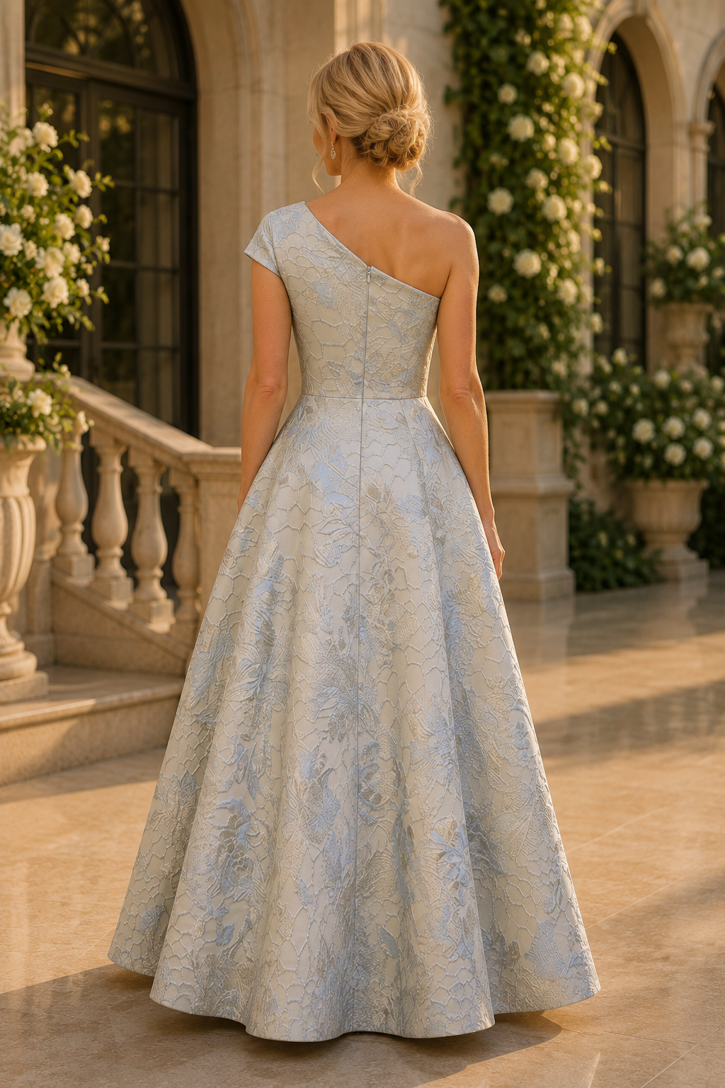 Blumenjacquard-A-Linien-Kleid mit einer Schulter