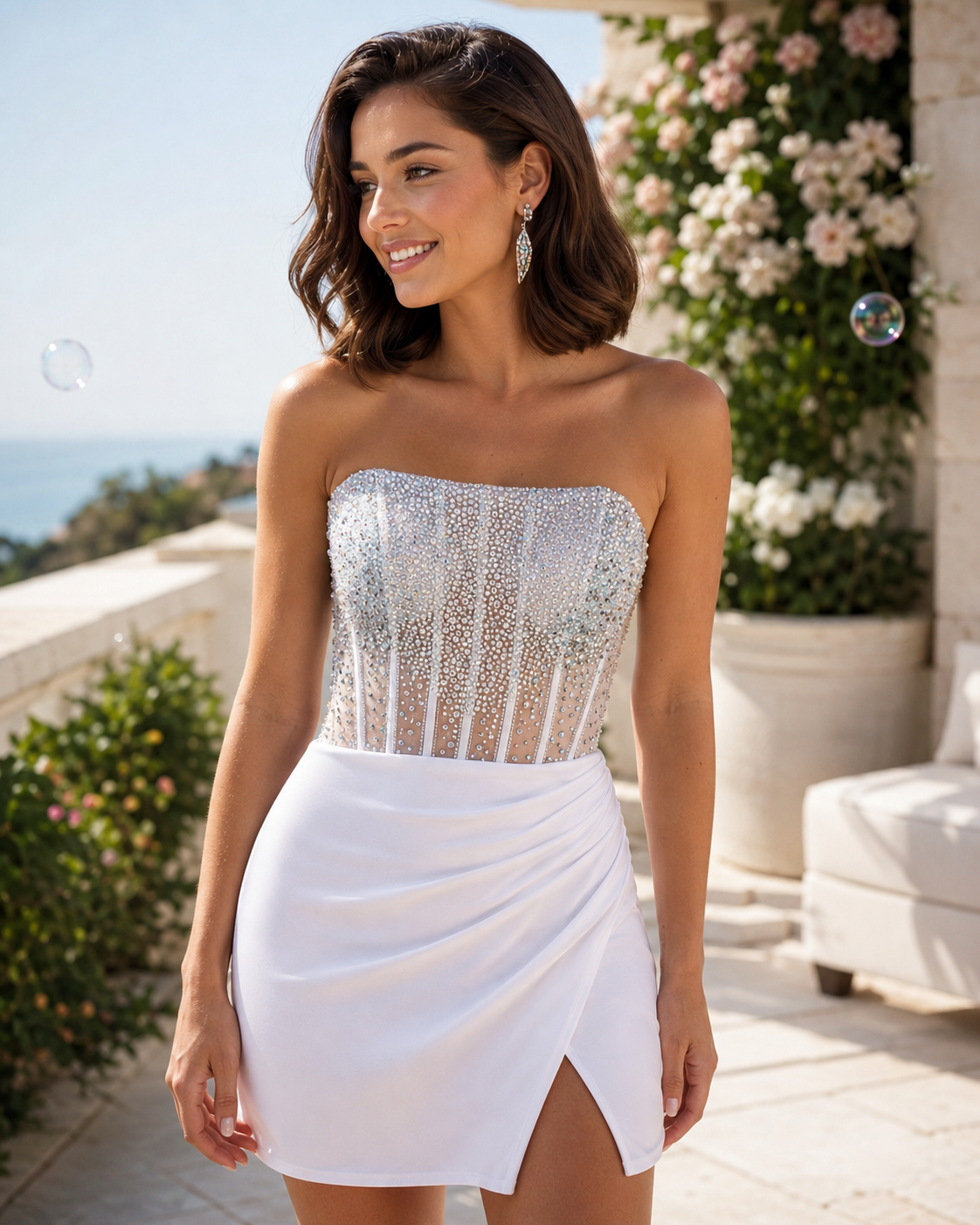 Trägerloses, perlenverziertes Satin-Minikleid im Korsett-Stil