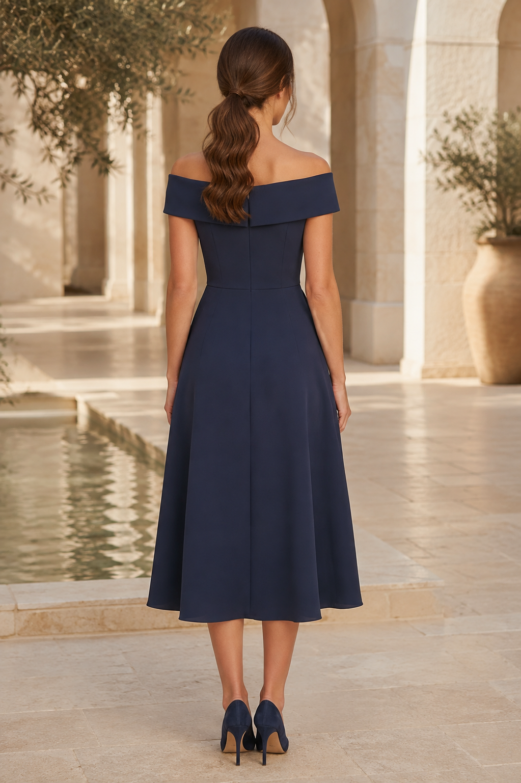 Schulterfreies Midikleid mit Stufenrüschenrock
