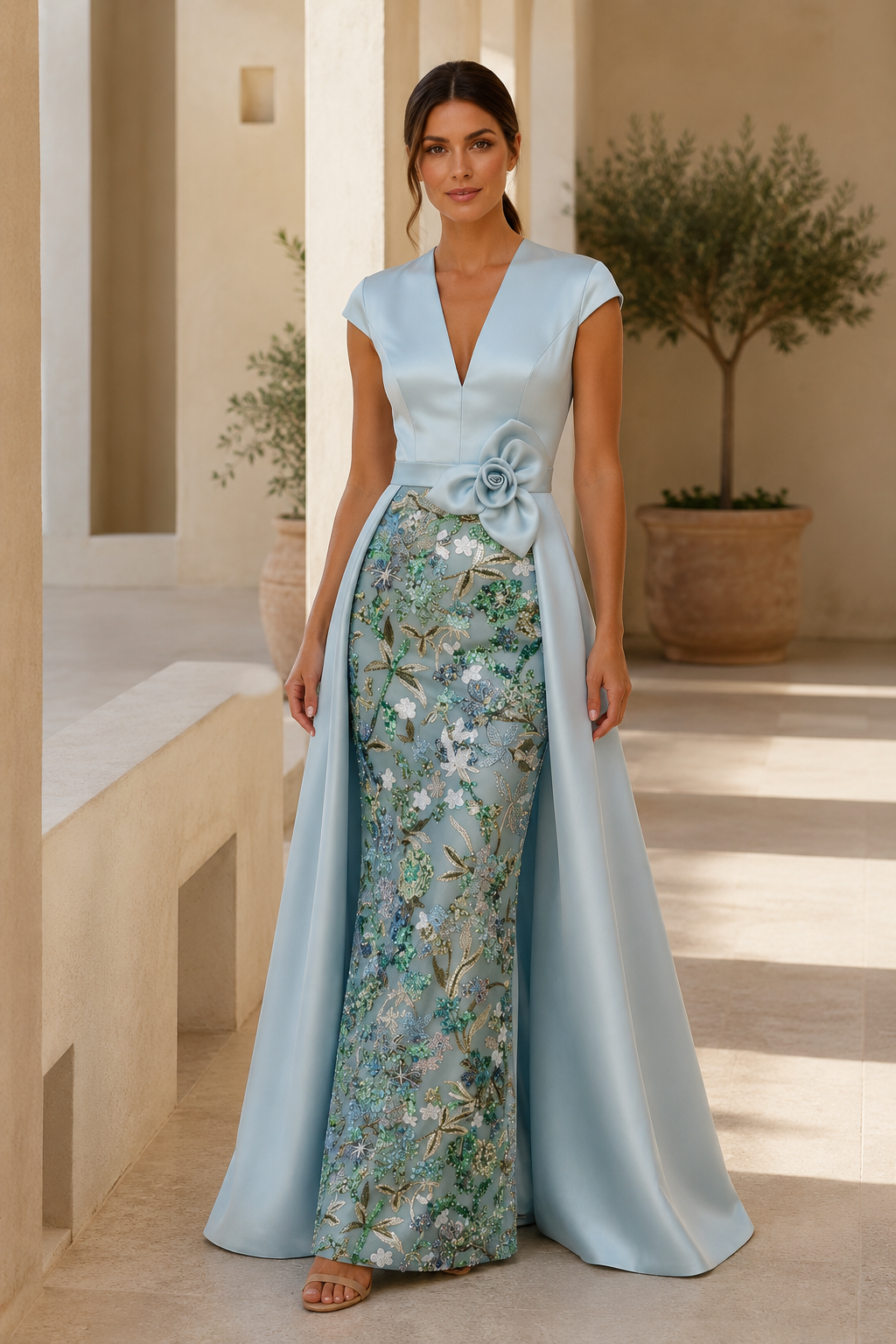 Blumenbesticktes Kleid mit Satin-Überrock