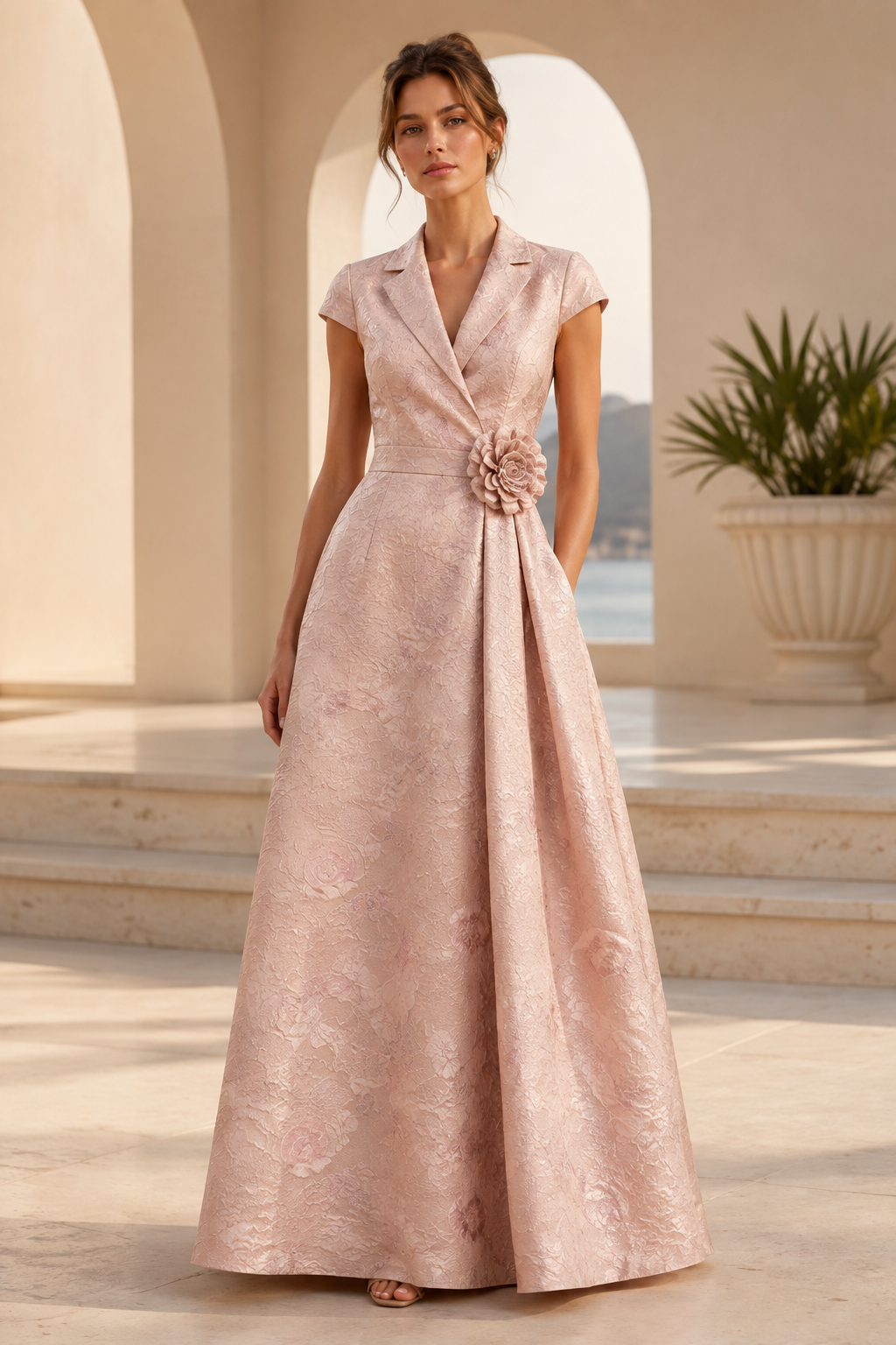 Geblümtes A-Linien-Kleid mit Kragen und 3D-Blumenapplikation
