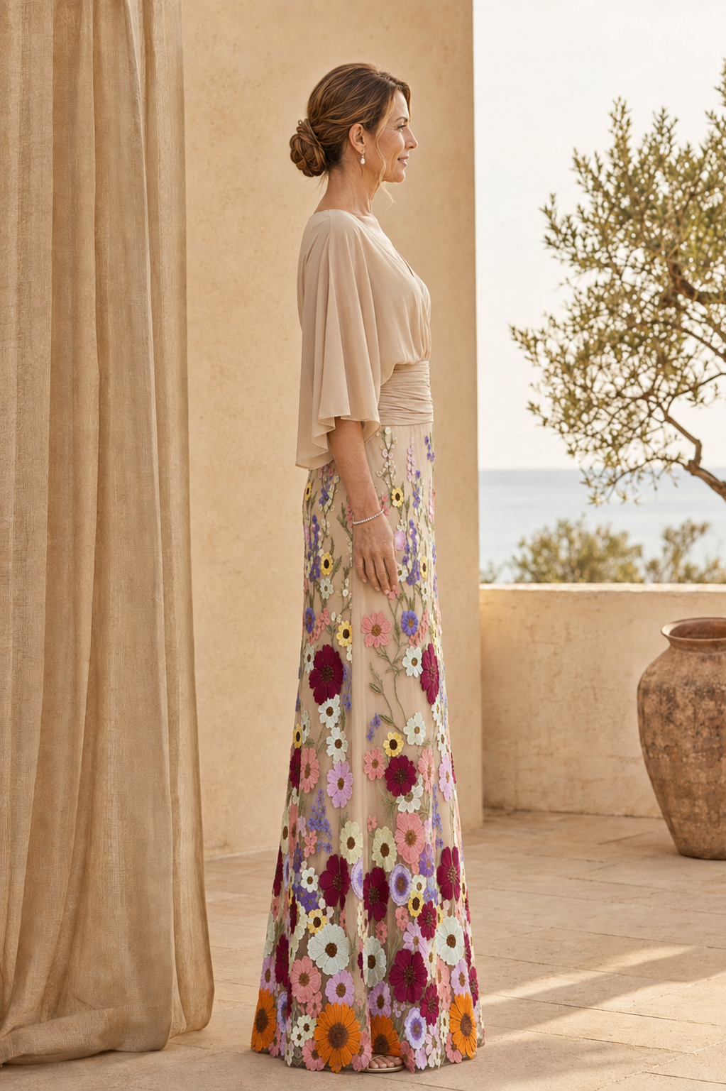 Besticktes Blumen-Maxikleid mit Volantärmeln