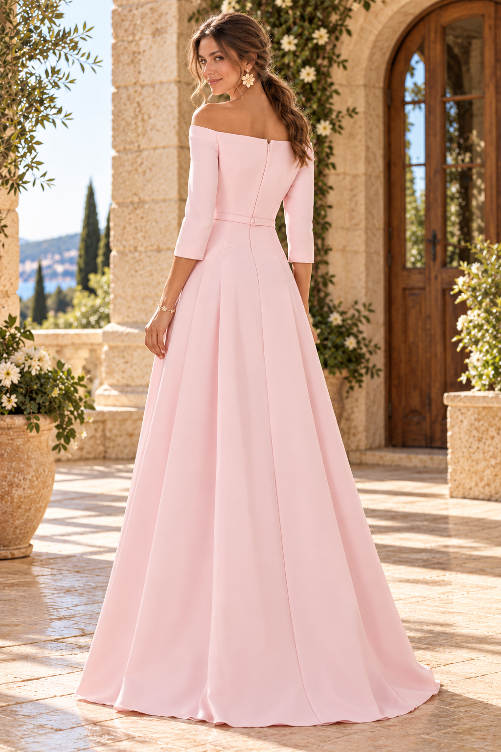 Off-the-Shoulder A-Line Gown with 3/4 Sleeves