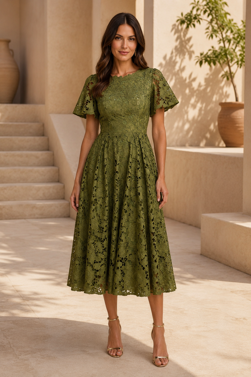 Olivesfarbenes Spitzen-Midikleid mit flatternden Ärmeln