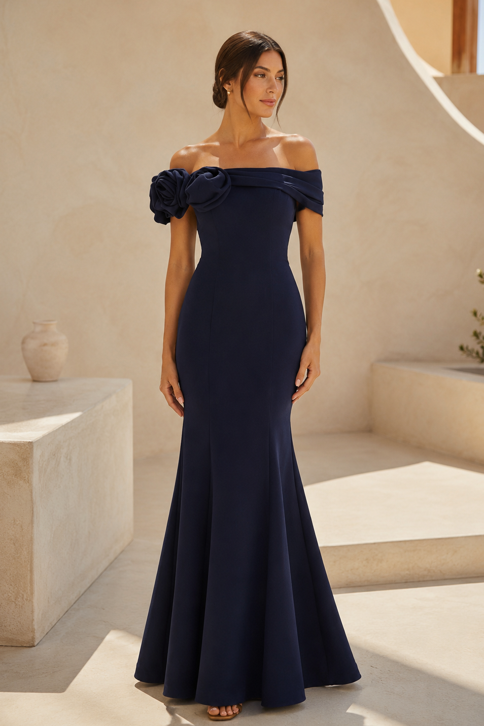 Schulterfreies Meerjungfrauen-Abendkleid mit Rosenapplikationen