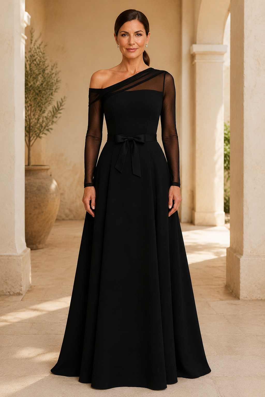 Asymmetrisches A-Linien-Kleid mit langen Ärmeln und Illusionseinsatz an einer Schulter