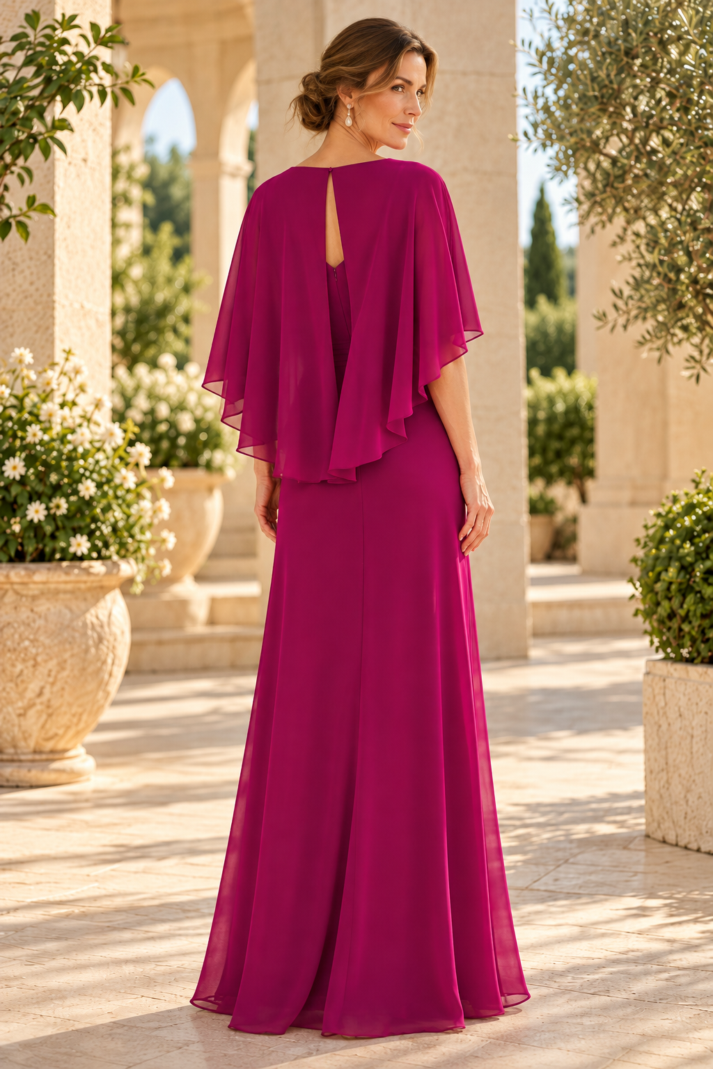 Chiffon Cape Sleeve Evening Dress with Brooch