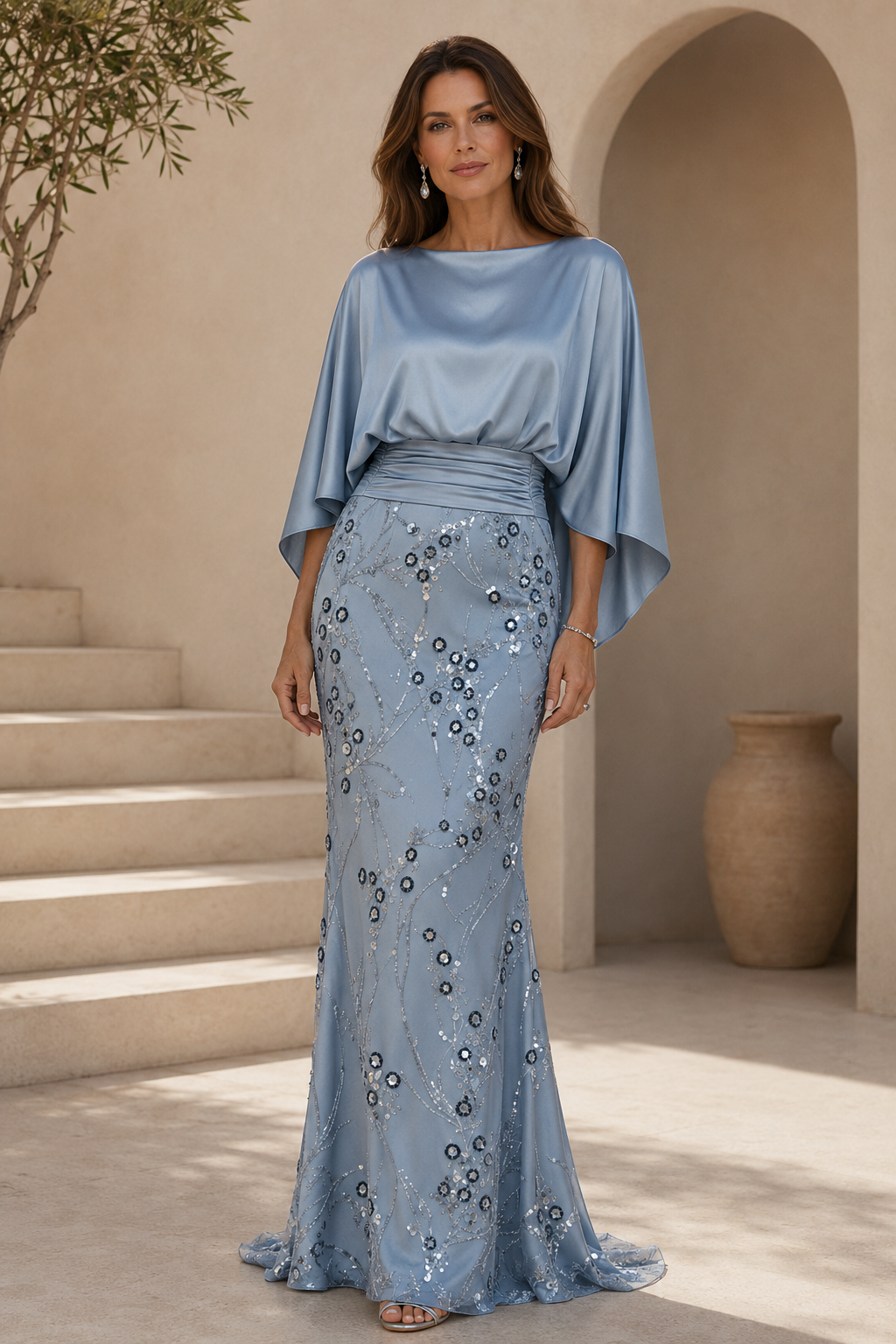 Fledermausärmel Pailletten bodenlanges Kleid