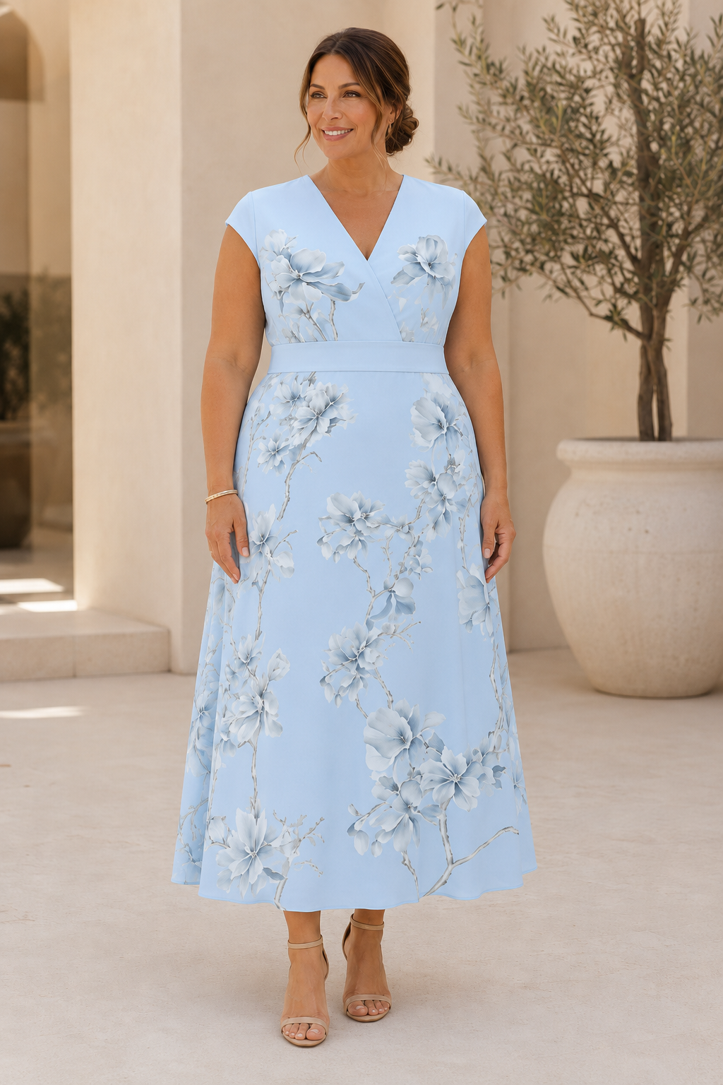 Geblümtes A-Linien Midikleid mit Kappenärmeln