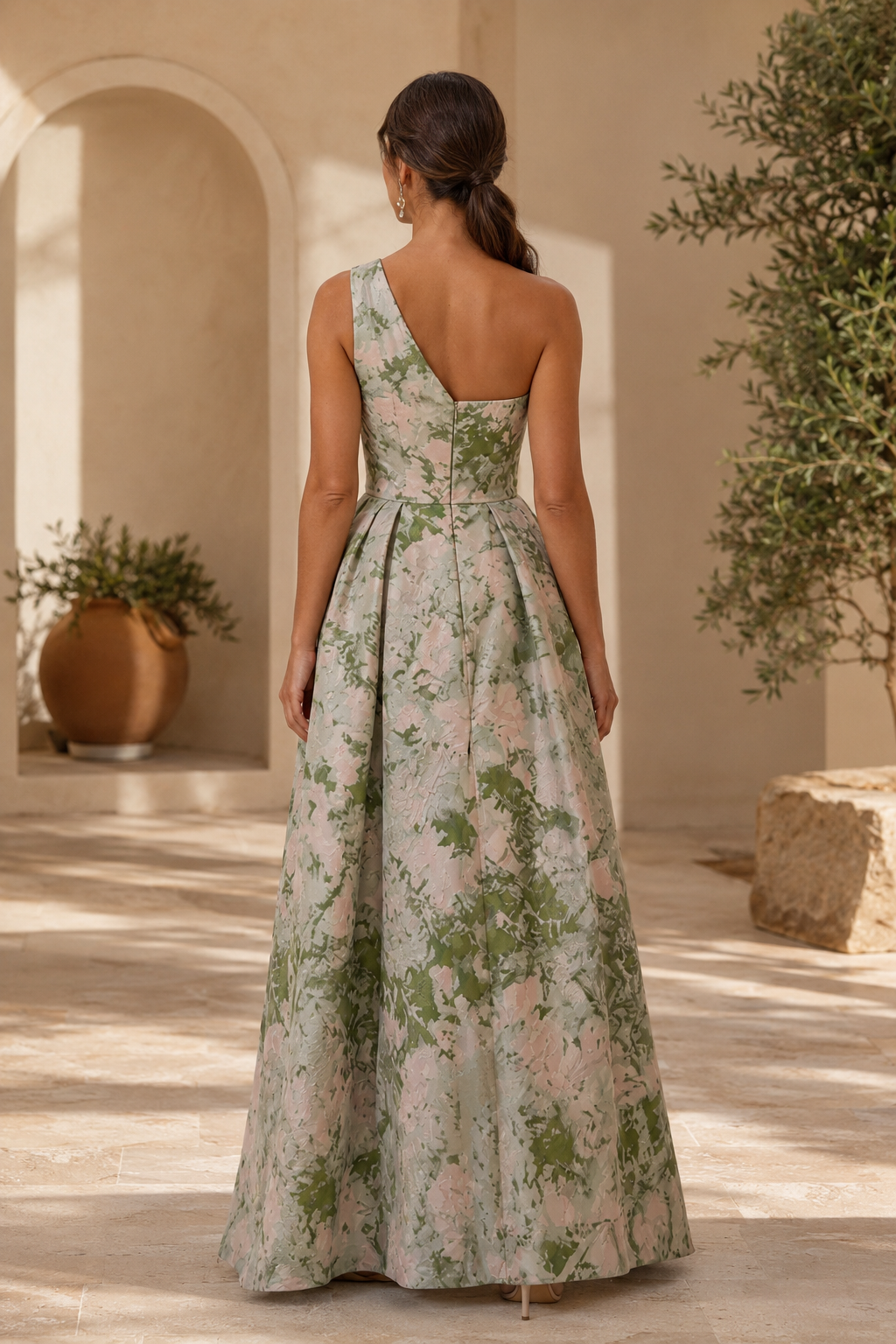 Blumenbedrucktes One-Shoulder-Kleid mit hohem Schlitz