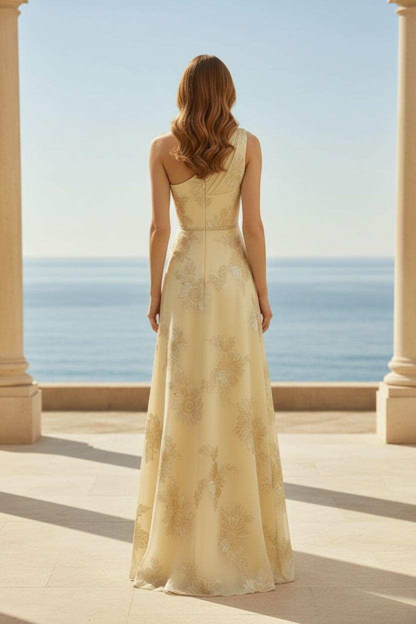 Asymmetrisches A-Linien-Abendkleid aus floralem Jacquard