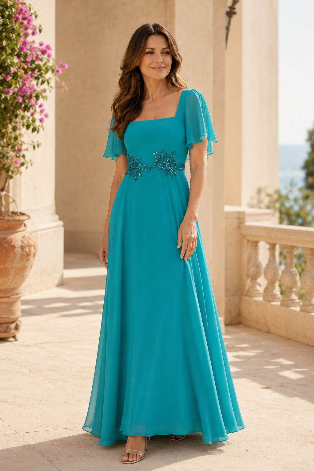 Eckiger Ausschnitt Chiffon A-Linien-Kleid mit Flatterärmeln