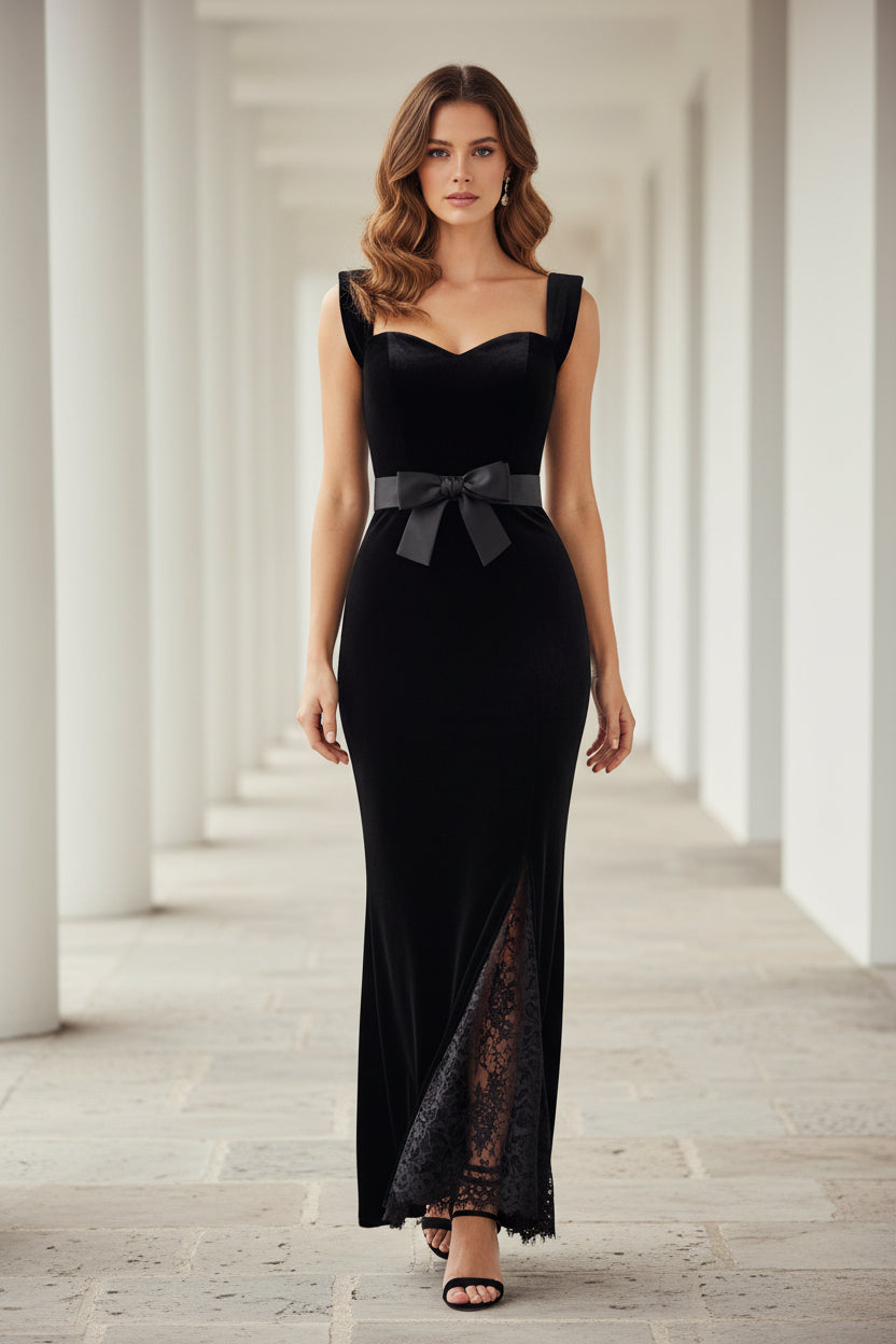 Samt-Midikleid „Sweetheart“ mit Spitzenbesatz und Schleife