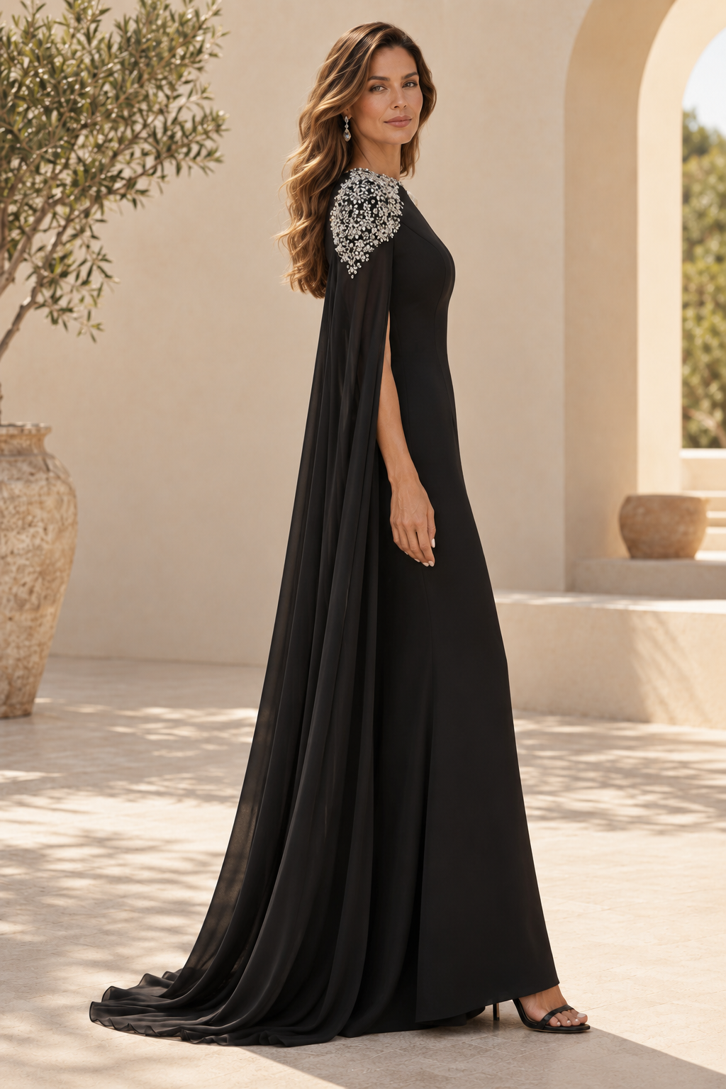 Embellished Cape Sleeve Floor-Length Evening Gown
