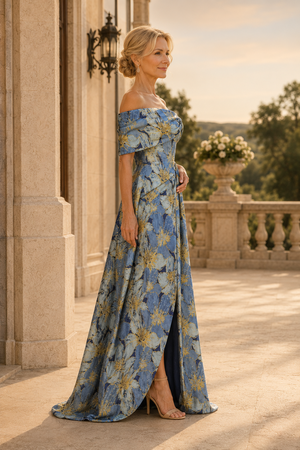 Schulterfreies, geblümtes Jacquard-Kleid mit Schlitz