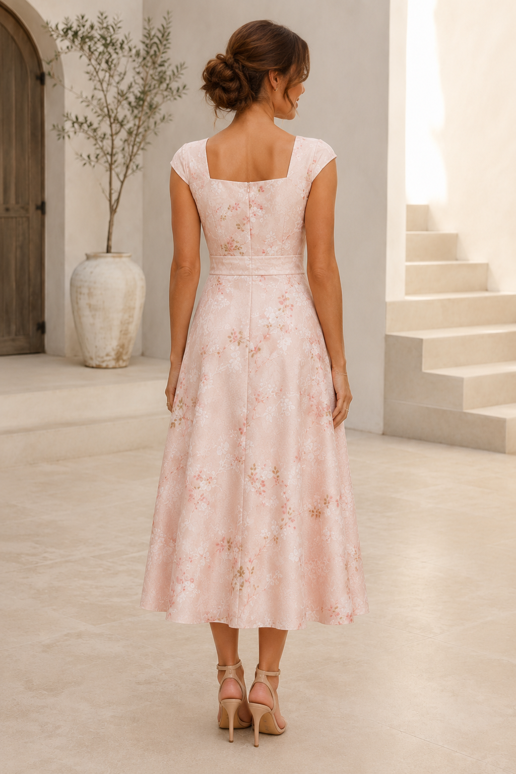 Florales Jacquard-Midi-Kleid mit Kappenärmeln