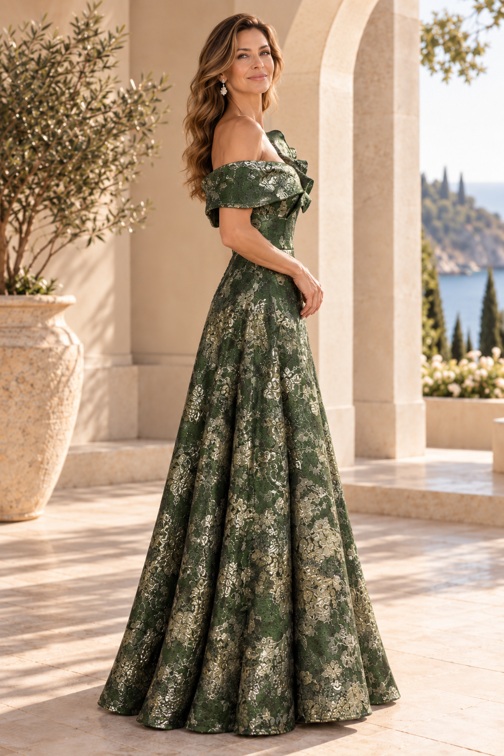 Metallic Jacquard Asymmetric A-Line Evening Gown
