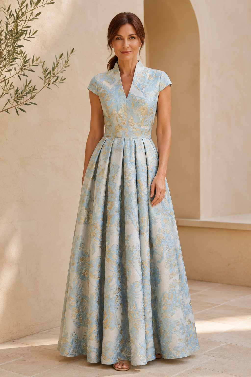 Blumengemustertes Jacquard-Kleid in A-Linie mit V-Ausschnitt und Flügelärmeln