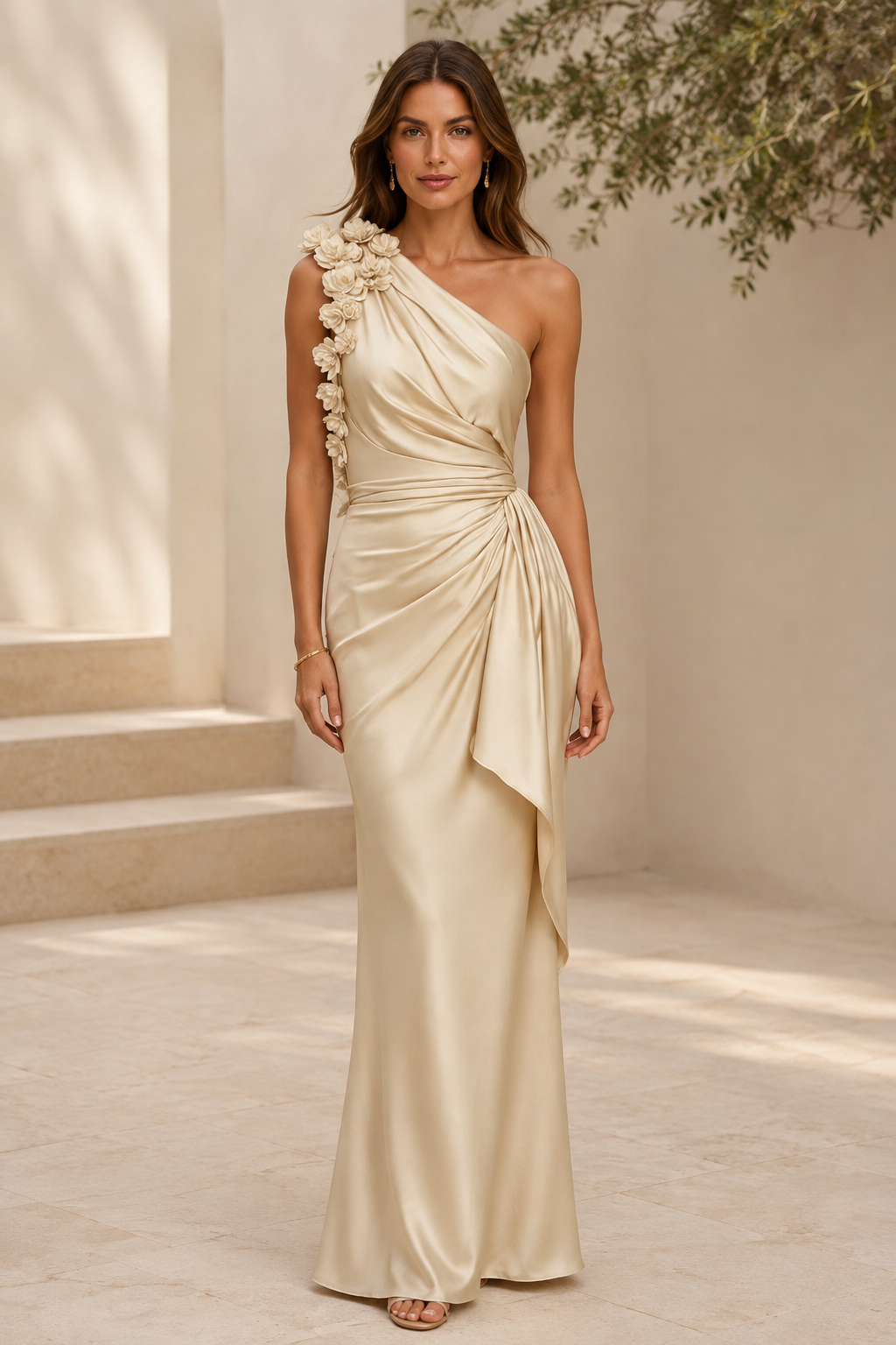 Satin-Kleid mit One-Shoulder-Träger und 3D-Blumen