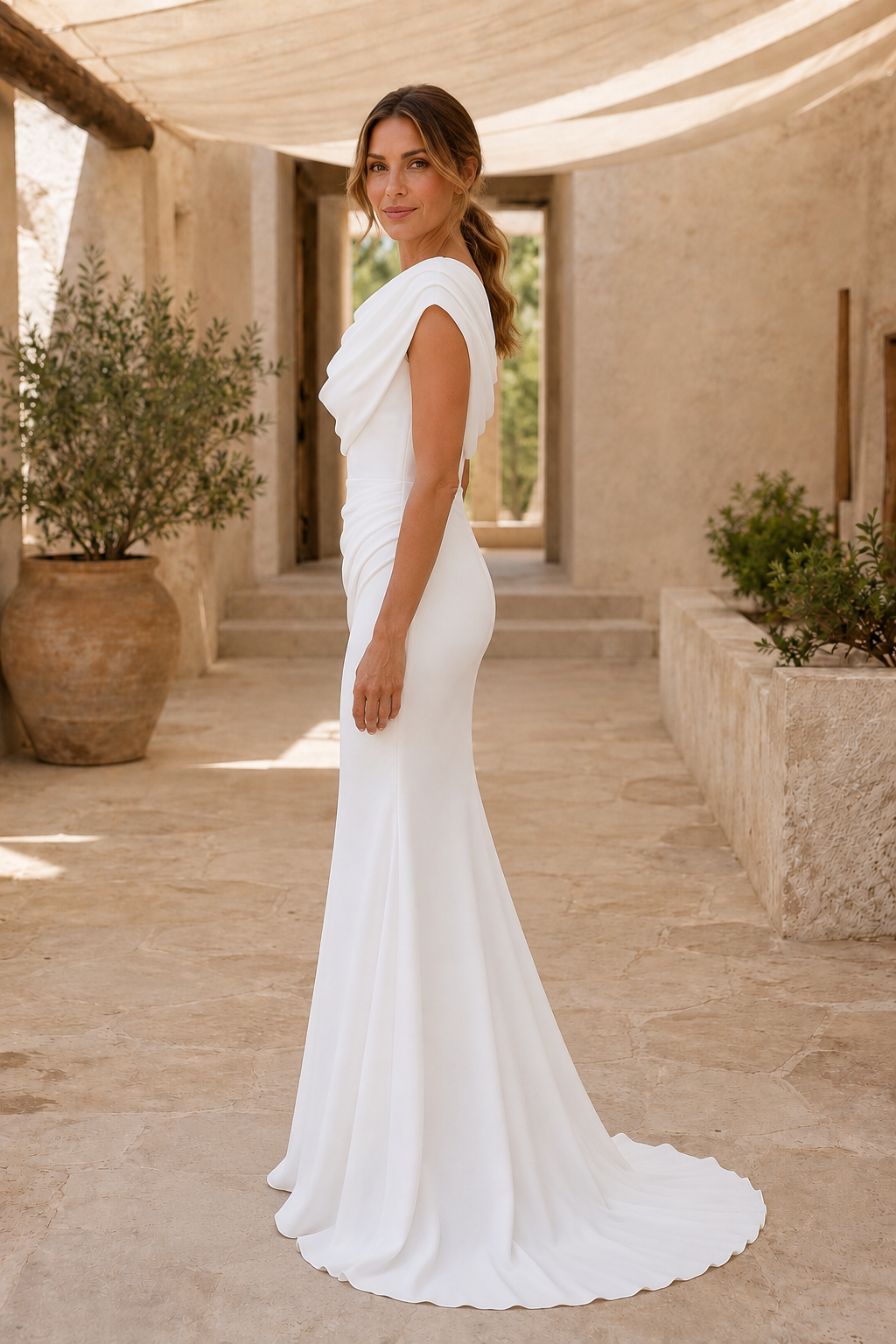 Meerjungfrauenkleid mit Wasserfallausschnitt, Raffungen und Schleppe