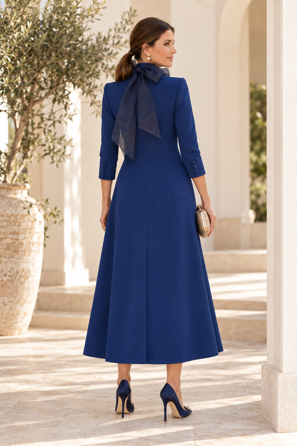 Tailored A-Line Coat Dress with Sheer Neck Bow