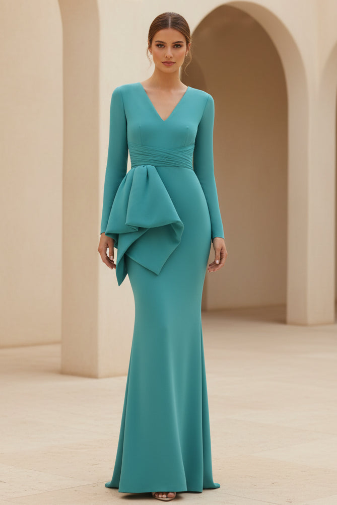 V-Ausschnitt Langarm Peplum Meerjungfrauen-Abendkleid