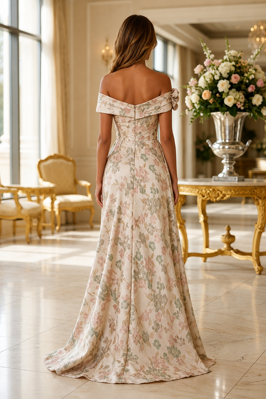 Schulterfreies Jacquard-Abendkleid mit Blumenmuster in A-Linie