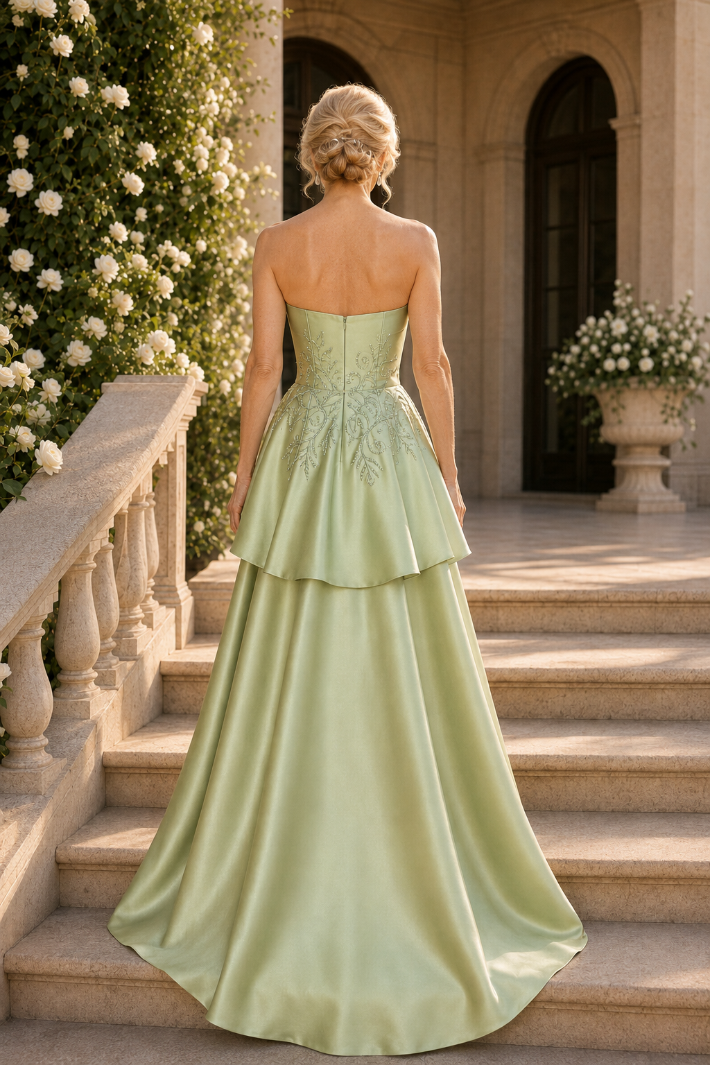Trägerloses, gestuftes Satin-Abendkleid mit Stickereien