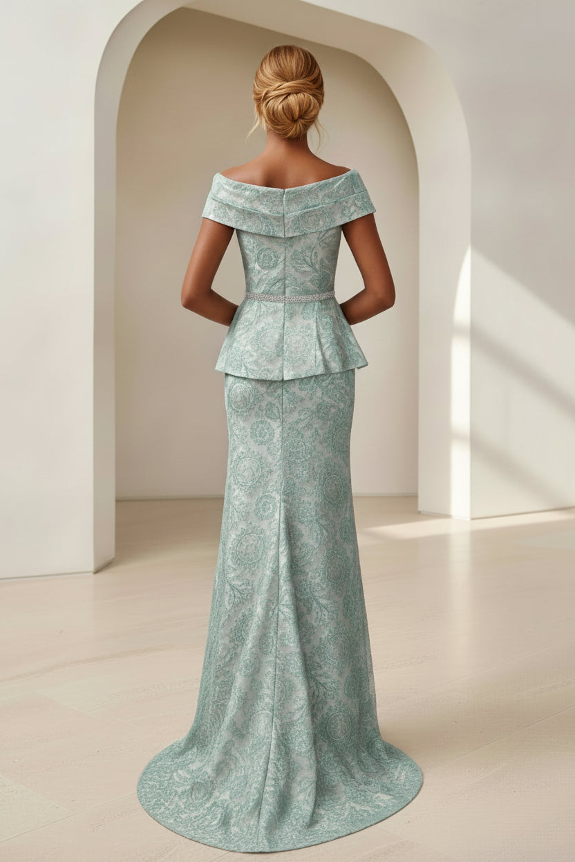 Schulterfreies Meerjungfrauenkleid aus Jacquard mit Schößchen