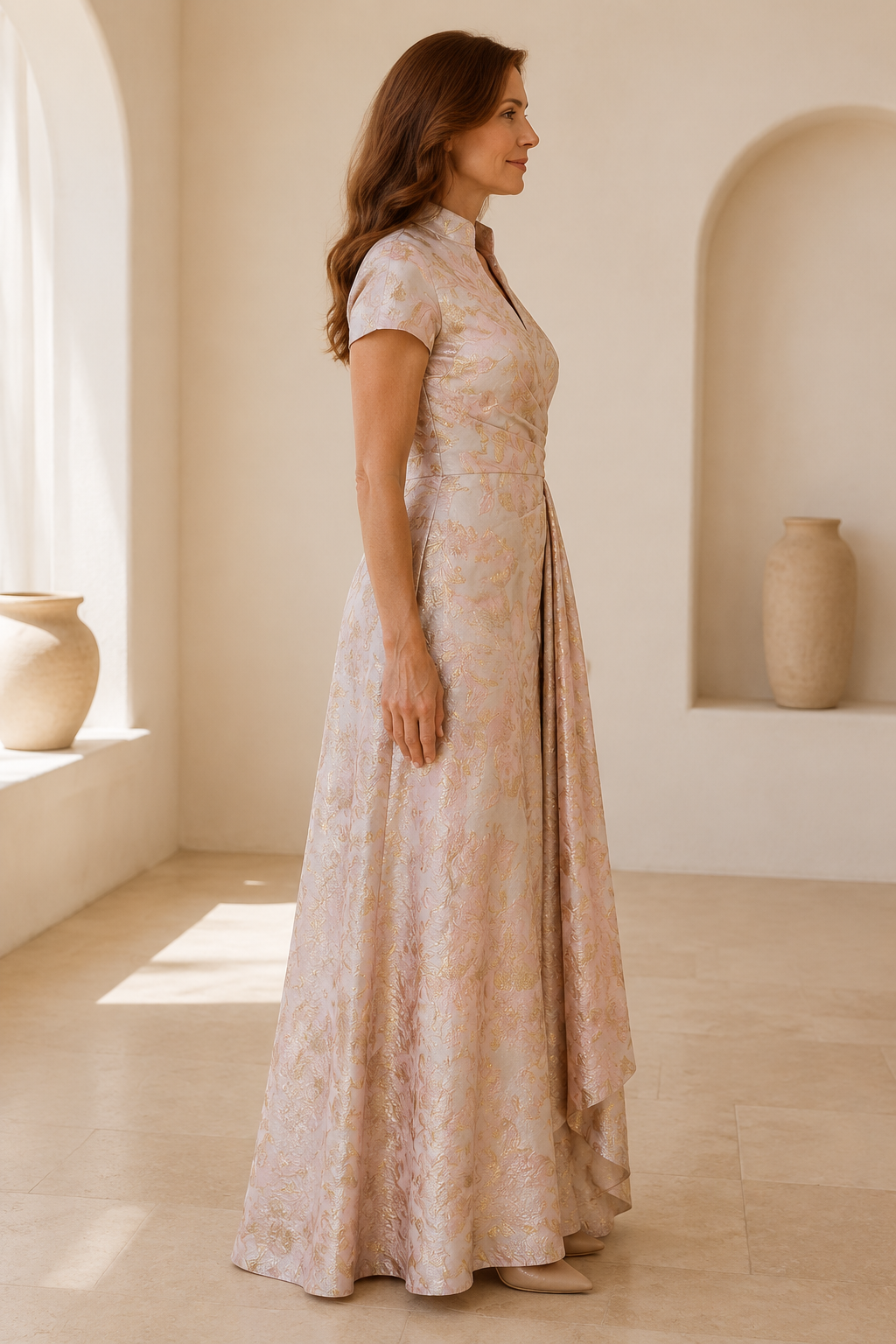 Florales Jacquard A-Linien Wickelkleid mit Stehkragen