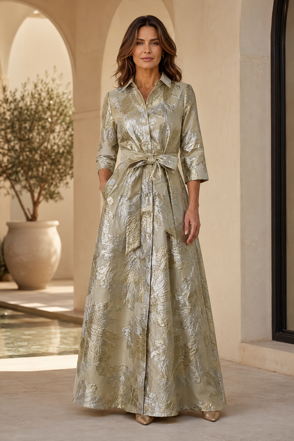 Metallic-Blumen-Jacquard-Hemdblusenkleid mit Gürtel in der Taille