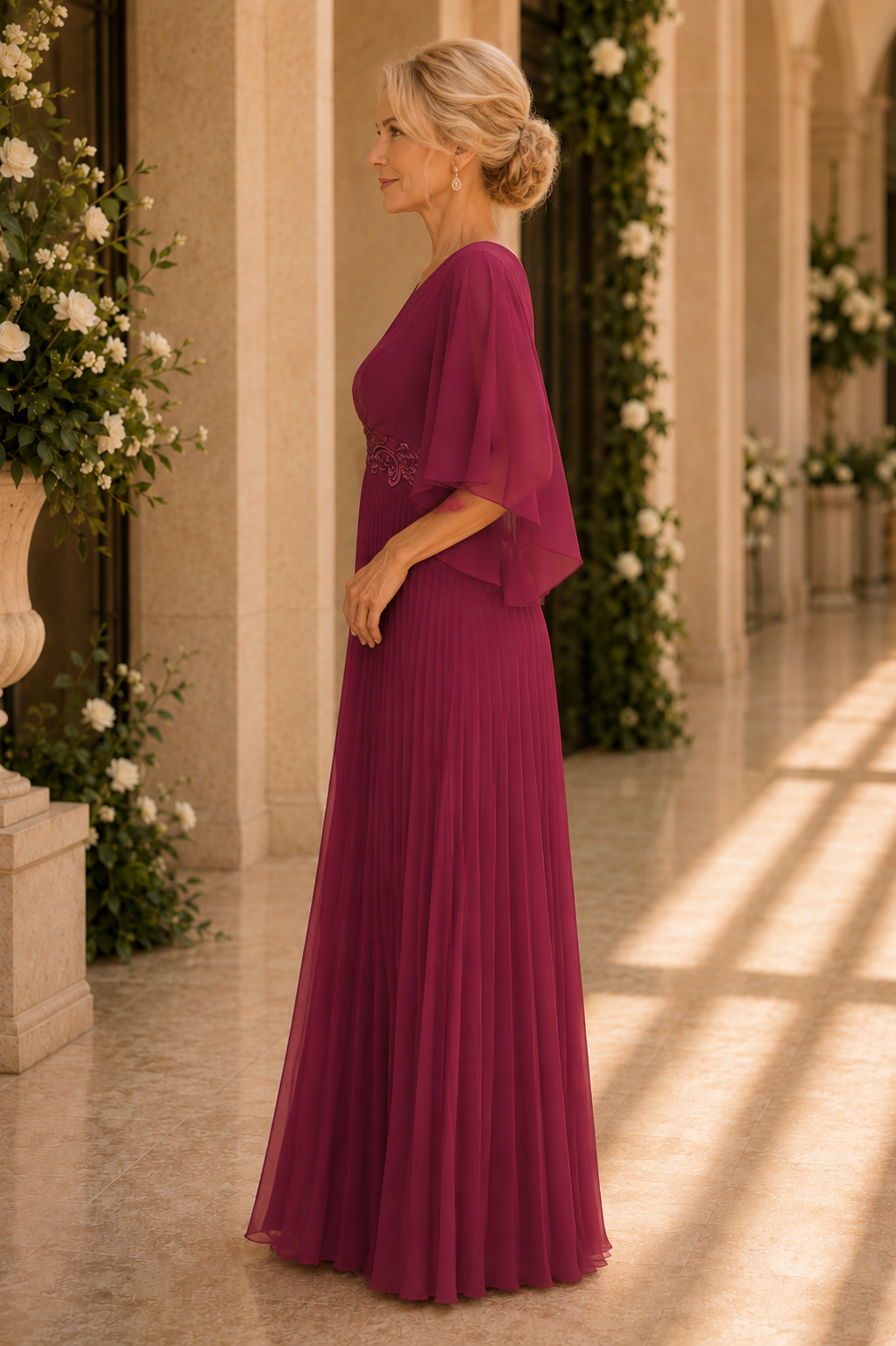 Plissiertes Chiffon-A-Linien-Kleid mit Flatterärmeln