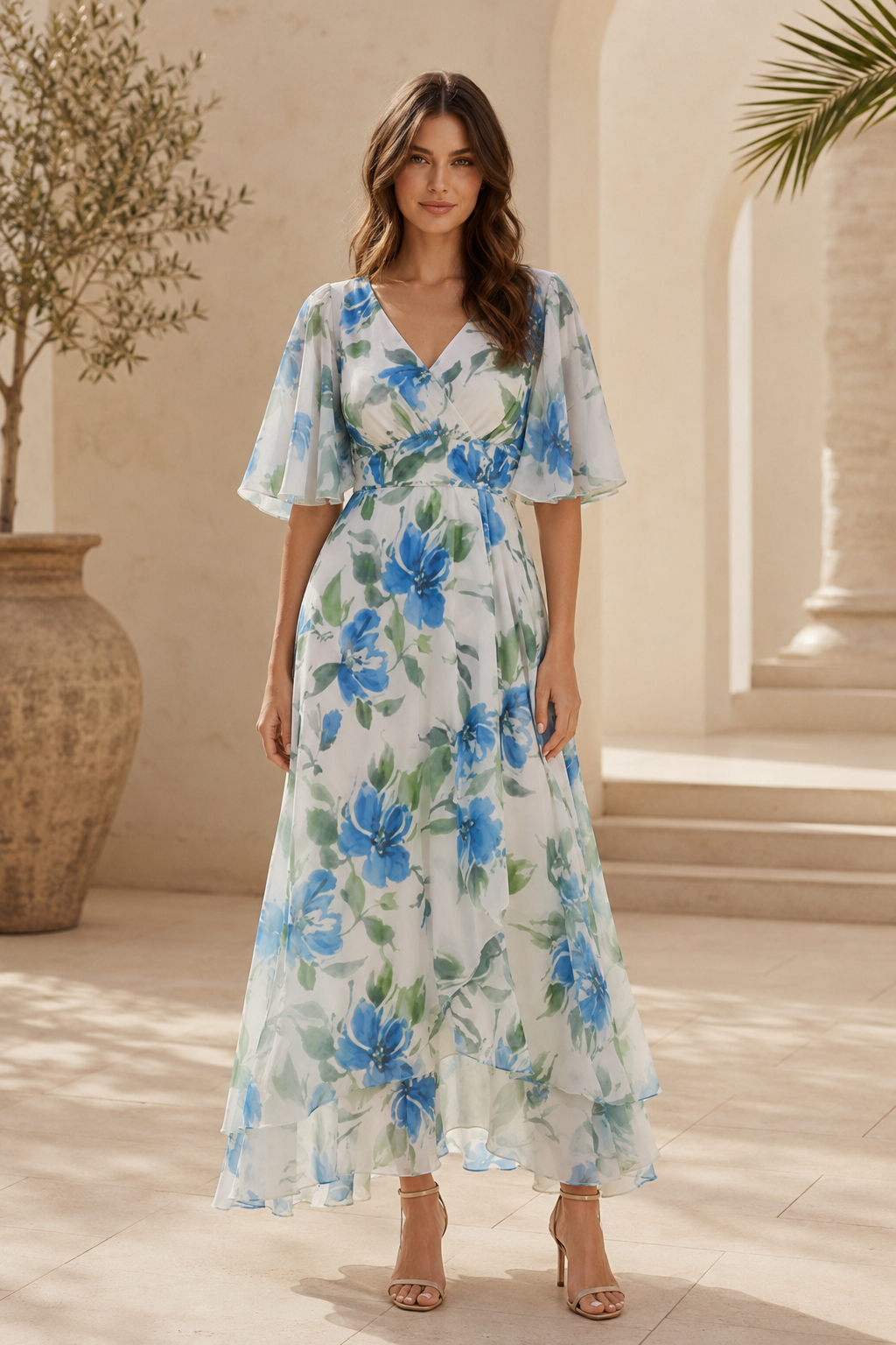 Blumen-Maxikleid mit hohen/tiefem Saum und flatternden Ärmeln