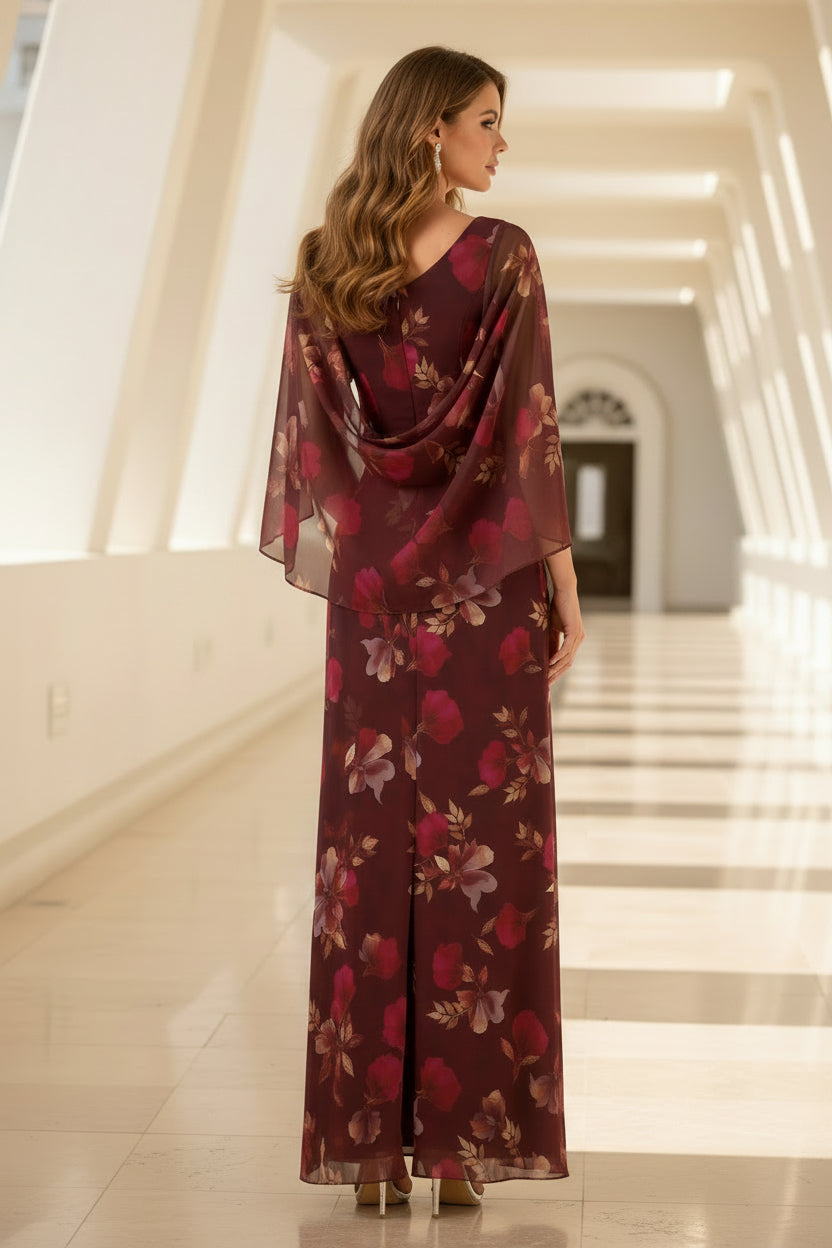 Geblümtes Chiffon-Kleid mit Cape-Ärmeln und bodenlangem Schnitt