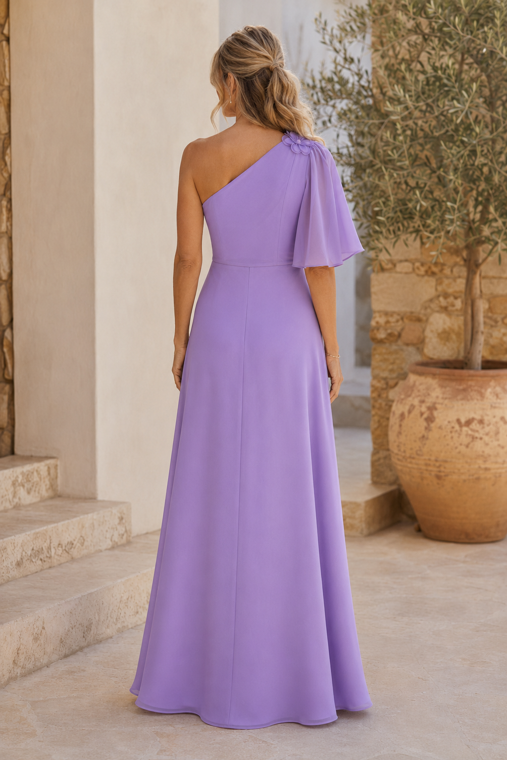 Ein-Schulter-A-Linien-Kleid aus Chiffon mit 3D-Blumen