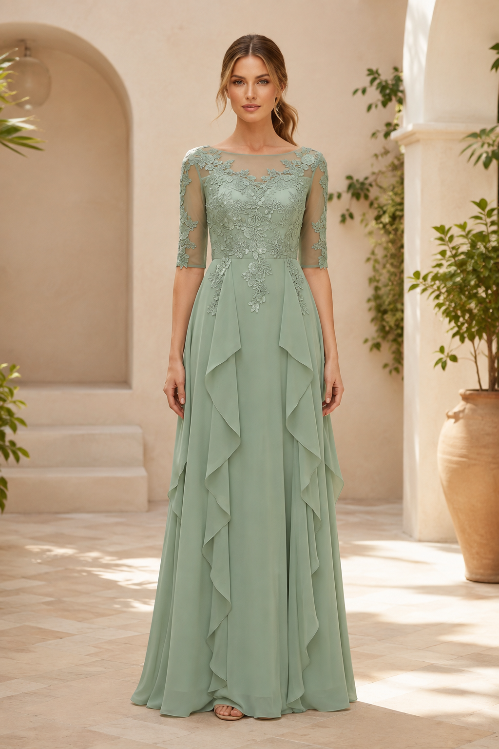 Abendkleid mit gesticktem Spitzen-Illusionsoberteil und gestuften Rüschen