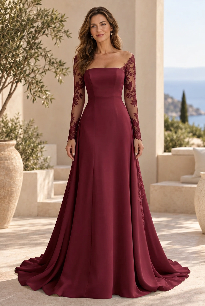 Illusion Long Sleeve A-Line Gown with Lace Insets